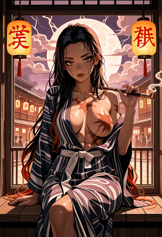 seductive young women,brown skinned,long flowing hair,sits near an open window,elegantly holding a long japanese-styl…