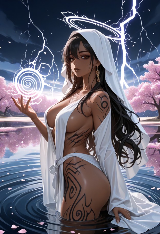 ultra-detailed anime illustration with sumi-e influence: a female sound cultivator laying on a perfectly calm lake in…