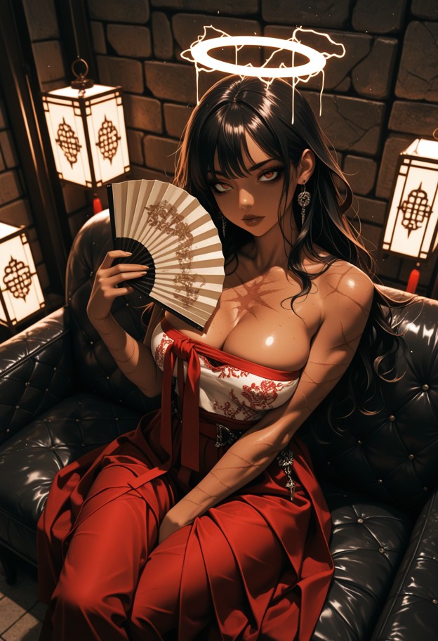 1girl,brown skinned,smiling gently,head slightly tilted,sitting on a luxurious couch in an underground auction house …