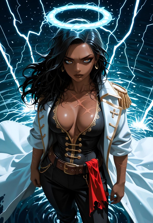 1girl,brown skinned,,pirate queen on the deck of a massive ship,dynamic pose with one hand on cutlass,confident smirk…