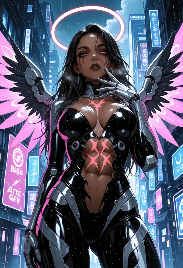 1girl,brown skinned,mech angel,futuristic cyberpunk city at night,((extreme close-up on face)),dynamic perspective fr…