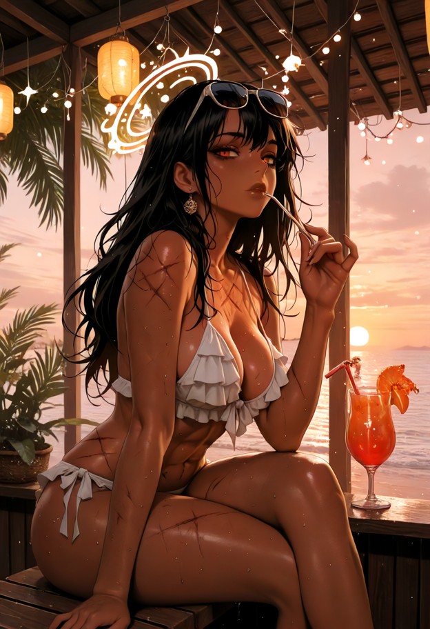 ultra-detailed anime illustration,cinematic low-angle close-up of a beautiful young woman,brown skinned,sitting at an…
