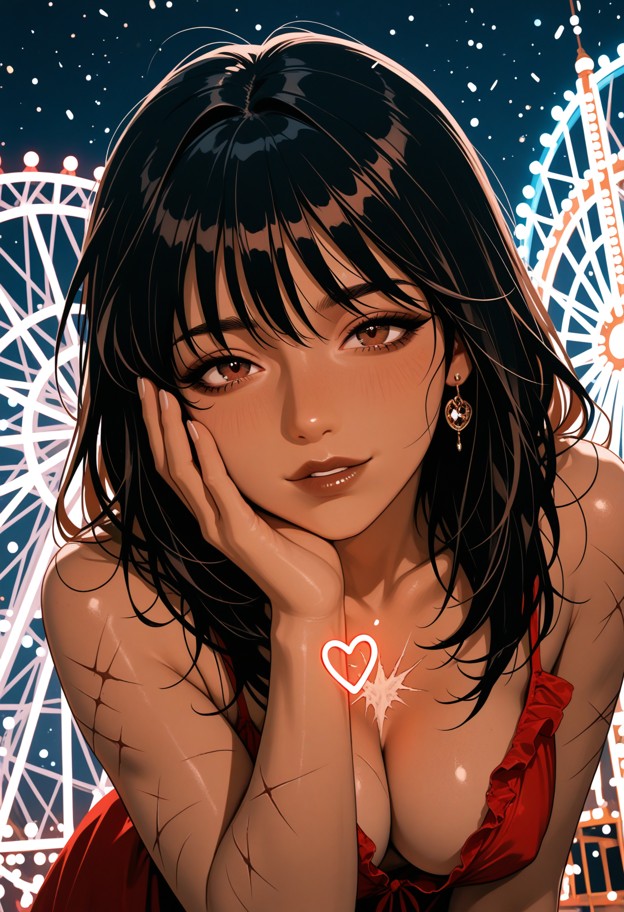 (1990s anime style,hand-drawn cel animation,soft film grain,flat colors:1.3)




1girl,(brown skinned:1.5).long hair,…