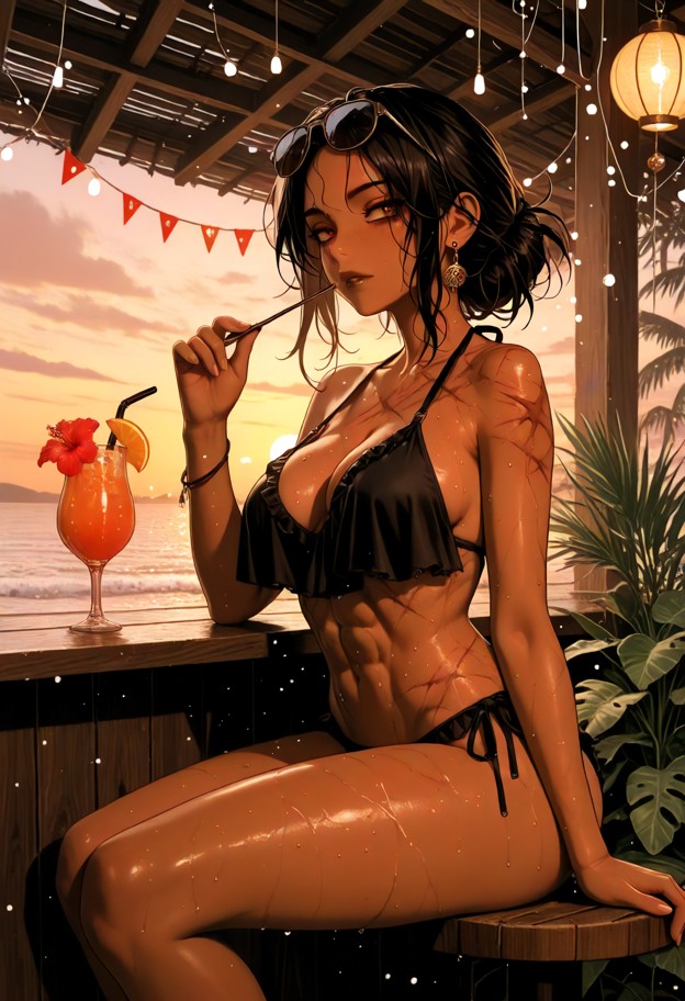 ultra-detailed anime illustration,cinematic low-angle close-up of a beautiful young woman,brown skinned,sitting at an…