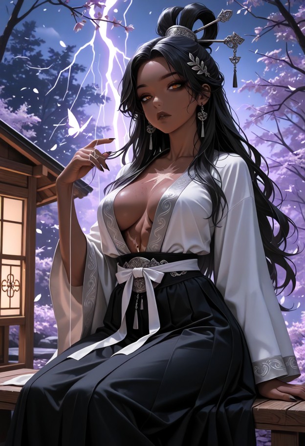 a mature brown skinned,woman sits on a wooden bench outside a small hut at night,mist curling low among blossoms. she…