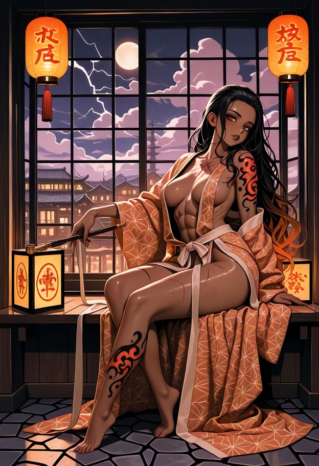seductive young women,brown skinned,long flowing hair,sits near an open window,elegantly holding a long japanese-styl…