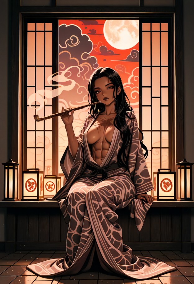 seductive young women,brown skinned,long flowing hair,sits near an open window,elegantly holding a long japanese-styl…