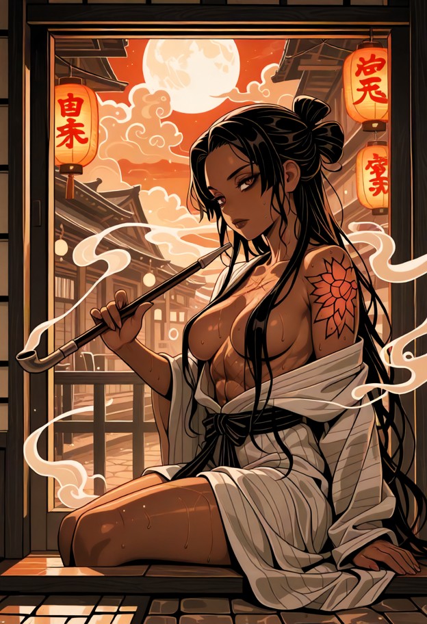 seductive young women,brown skinned,long flowing hair,sits near an open window,elegantly holding a long japanese-styl…