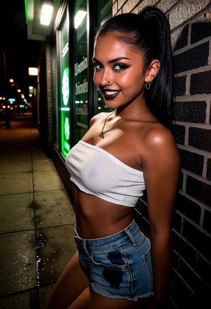 Location: late night on a dimly lit urban sidewalk outside a dispensary, with the harsh glow of overhead streetlights…