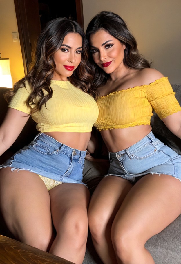 luna and ramona sitting on sofa,smiling,yellow cotton crop tops,denim mini-skirts,light blue lace panties,cozy living…