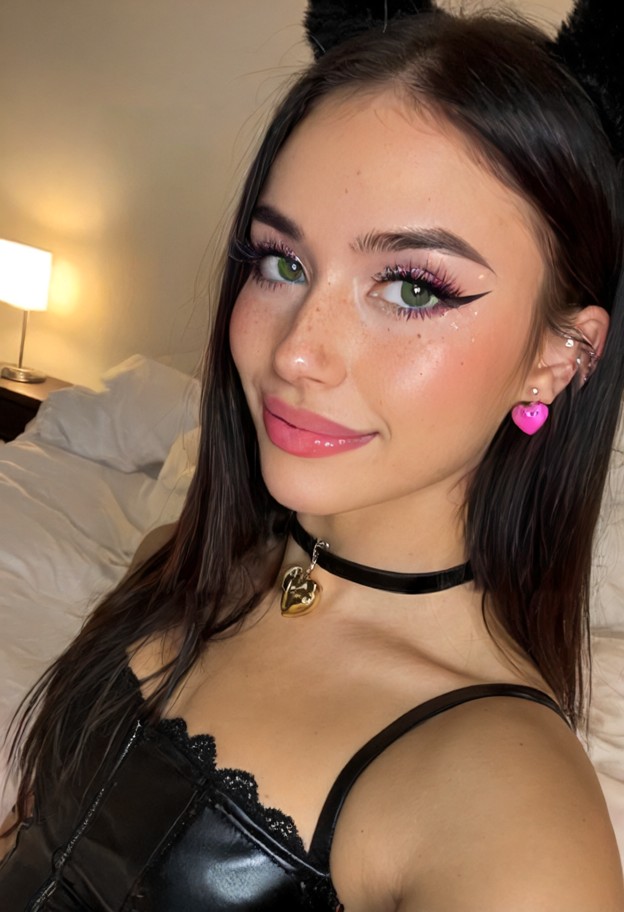 smiling,short black lace dress,bedroom,messy white sheets,looking over shoulder,biting lip,selfie closeup,soft lighting