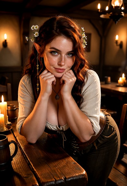 Location: dim interior of the Prancing Pony inn with warm amber light from flickering candles and oil lamps casting s…