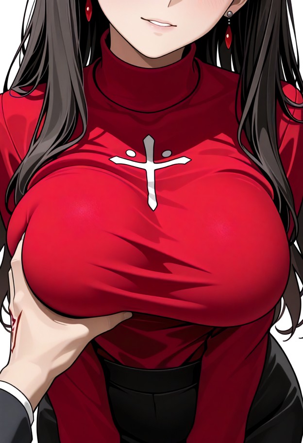 1girl,red sweater,groping clothed breasts,breasts view,viewer grabbing clothed breasts. viewer pov,bust focus,straigh…