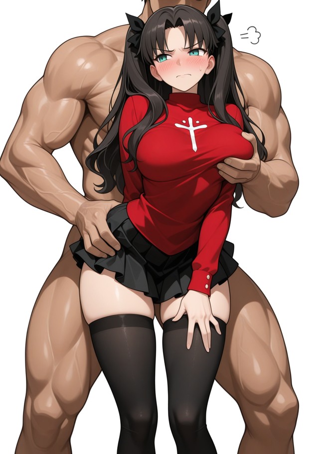 1girl 1guy,standing,flustered and annoyed,red sweater,black thighhighs,black frilled skirt,light skinned muscular mal…
