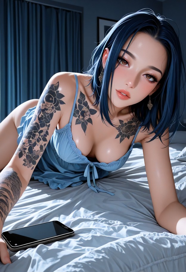 she is is sitting on the bed leaning forward and grabbing hands,silk blue nightgown,messy bed,white sheets,smartphone…