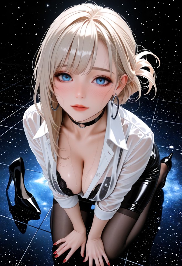 1girl,kneeling,leaning over,crawling,partially unbuttoned white blouse (wet),black lace bra (see through),black penci…