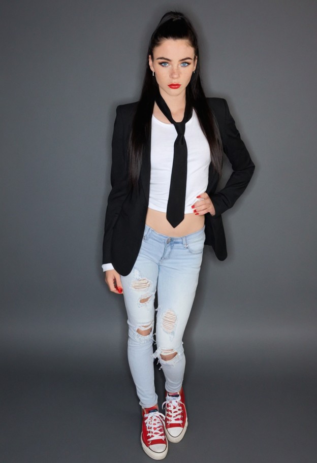 white chucks sneakers,wide cut torn jeans,white t-shirt,black business blazer,black business tie,plain face,no make u…