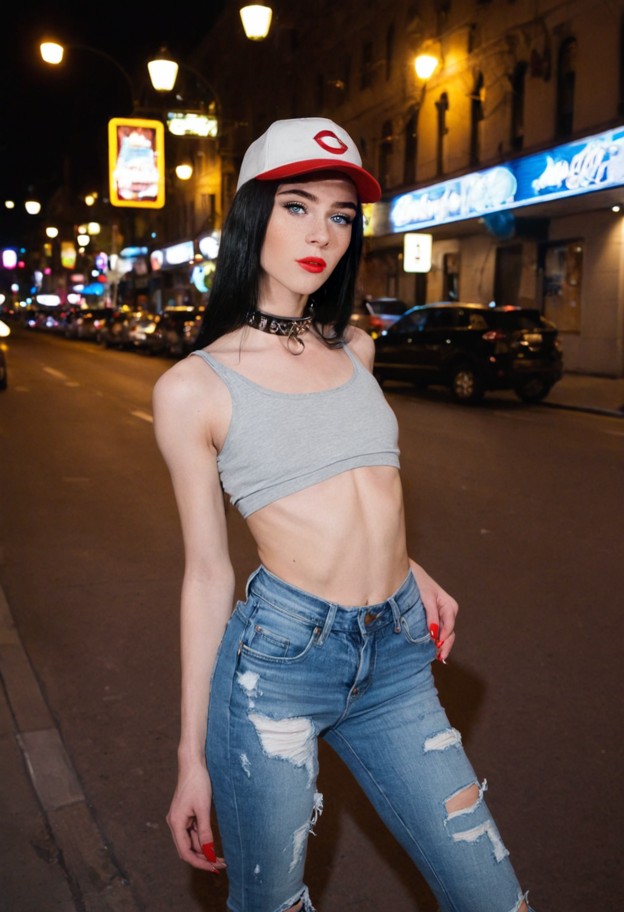 1girl,standing,rapper,torn jeans shorts,spandex top,chucks,reverse baseball cap,city,street_lights,