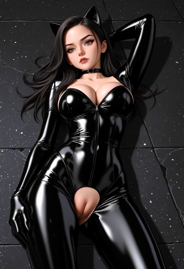 solo,1 girl,cosplay,catwoman,bare pussy,standing,latex,laying on back,choker