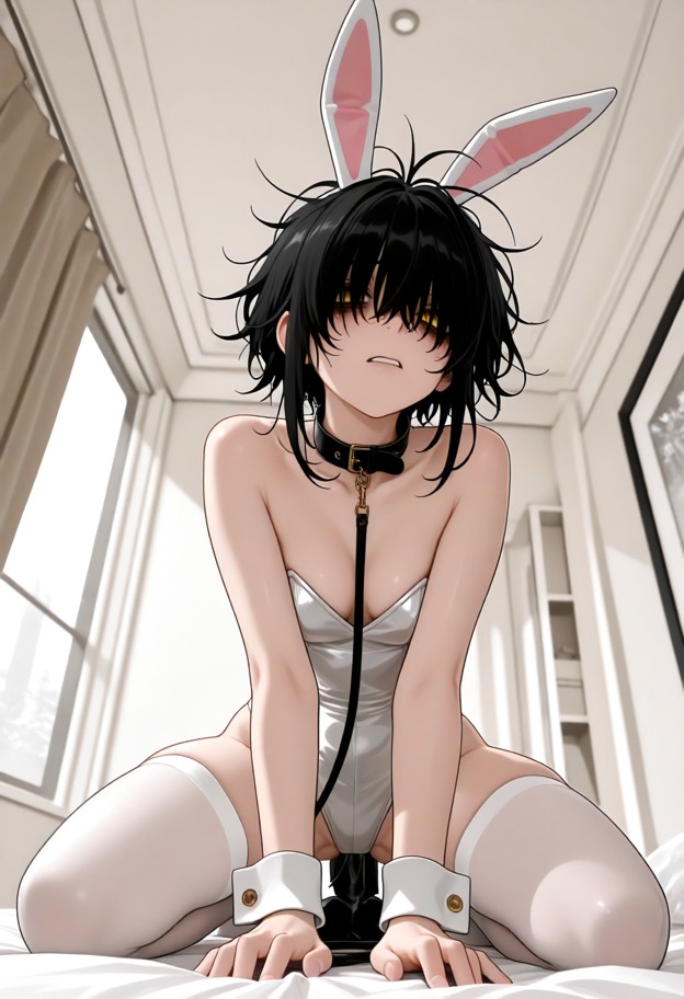 1girl,solo,collar,leash,kneeling,bunny_outfit,bunny_girl,bunny_ears,bunny_costume,low-angle shot,viewed slightly from…