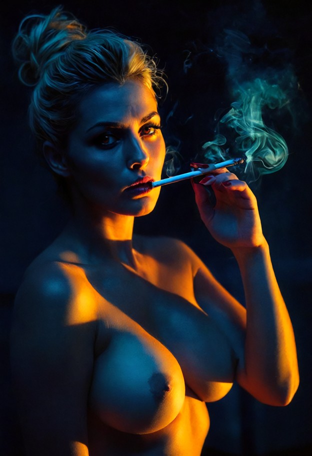 1girl,solo,naked,bare breasts,deep red manicured nails,holding lit cigarette,cigarette smoke,soft wisp of smoke,moody…