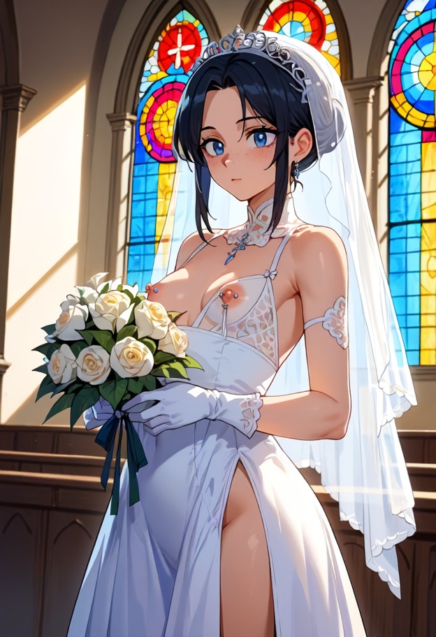 1girl,standing,wearing white wedding dress,white veil,white gloves,holding bouquet of flowers,church,white and gold w…