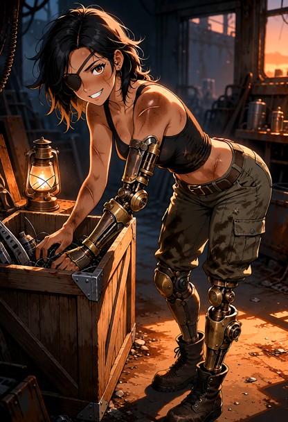 Location: dim interior of a cluttered workshop at dusk, with warm orange light from a flickering lantern casting long…