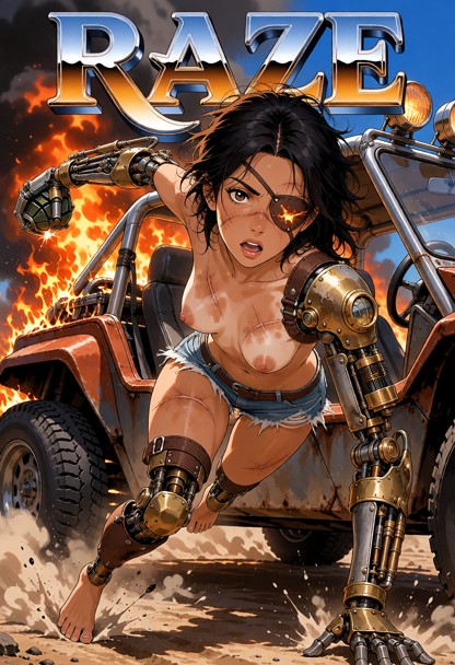 Ground-level shot: Raze leaps from the open door of a burning dune buggy, mechanical arm cocked back to hurl a jury-r…