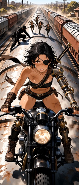 **Image Prompt (ready):** Close-up low-angle tracking shot, Raze rides straight toward the camera on her black motorc…