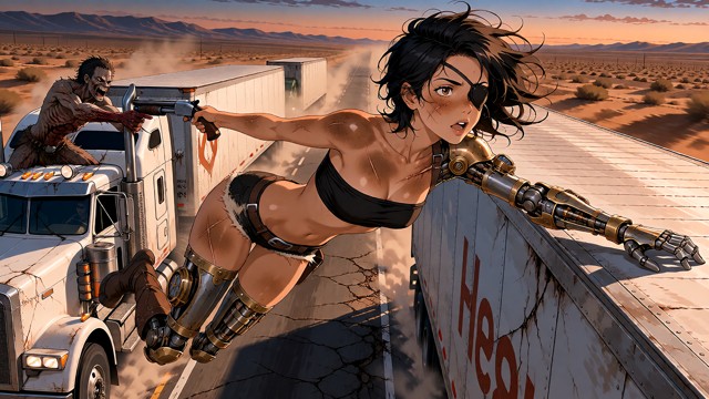 **Image Prompt (ready):** Cinematic side-tracking dusk shot, Raze mid-leap between two speeding 18-wheelers on a crac…