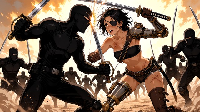 **Image Prompt (ready):** Mid-action cinematic shot, Raze and a lead marauder locked in a sword clash, blades sparkin…
