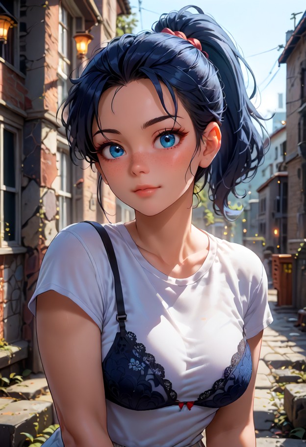 a she is is unbuttoning her white school shirt while looking at the viewer,white school shirt,black lace bra,dim hall…