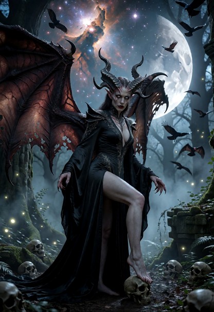 lilith, the first mother, in a majestic and mysterious pose in an ancient, moonlit forest. she wears a flowing, dark …