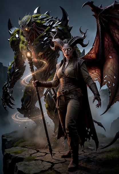 a wide-angle cinematic shot at dusk on a jagged cliffside. a determined woman in practical leather-and-canvas adventu…