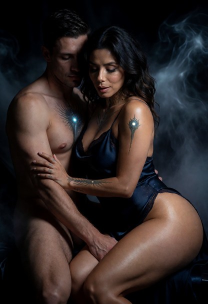 Location: a dimly lit, ethereal space where the shadows seem to deepen and concentrate around the two figures, with a…