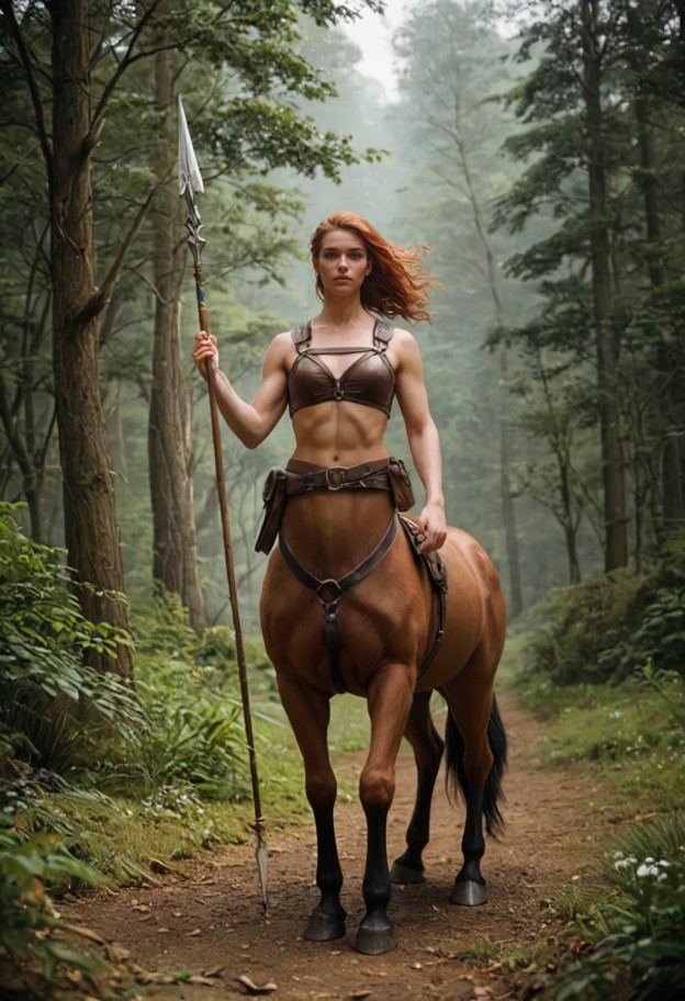 alura the centaur stands in a warrior stance holding a spear,brown leather bodice,woven hemp skirt,lush green forest …