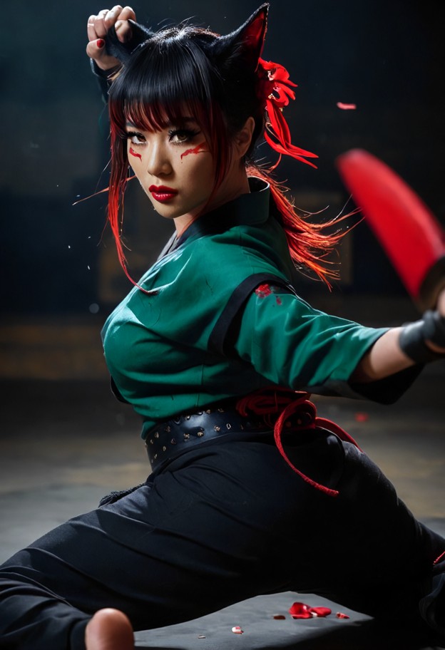 dynamic action shot,side-profile view of a dangerous martial arts fighter in a low,defensive combat stance. she is pe…