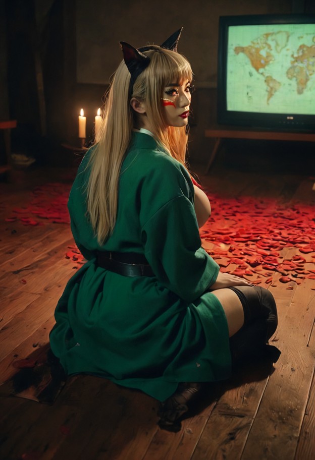 1990s ova anime screenshot. a powerful blonde kunoichi leader wearing a green haori coat,sitting in a dimly lit,shado…