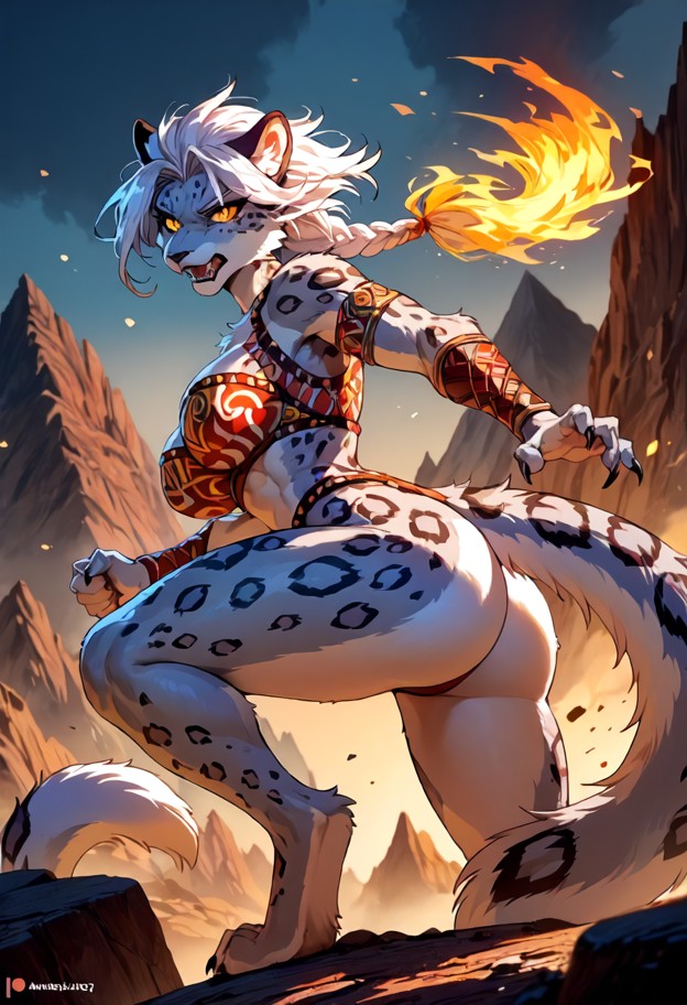 a fierce female dragon rider with tribal tattoos,minimal armor,riding a wild fire dragon,flames everywhere,dynamic po…