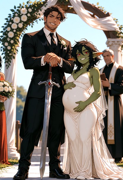 A thinly bearded human male fighter with messy hair and a pregnant female goblin mage named Zimple stand side by side…