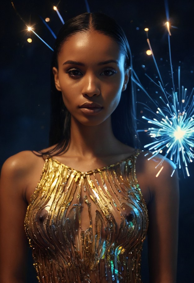 high-fashion photography,elegant woman,avant-garde gown made of liquid
 gold and glowing fiber optics,minimalist dark…
