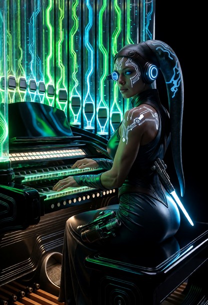 cinematic wide shot from behind a female organist in an elegant long dark tech-wear dress. she is seated at a massive…