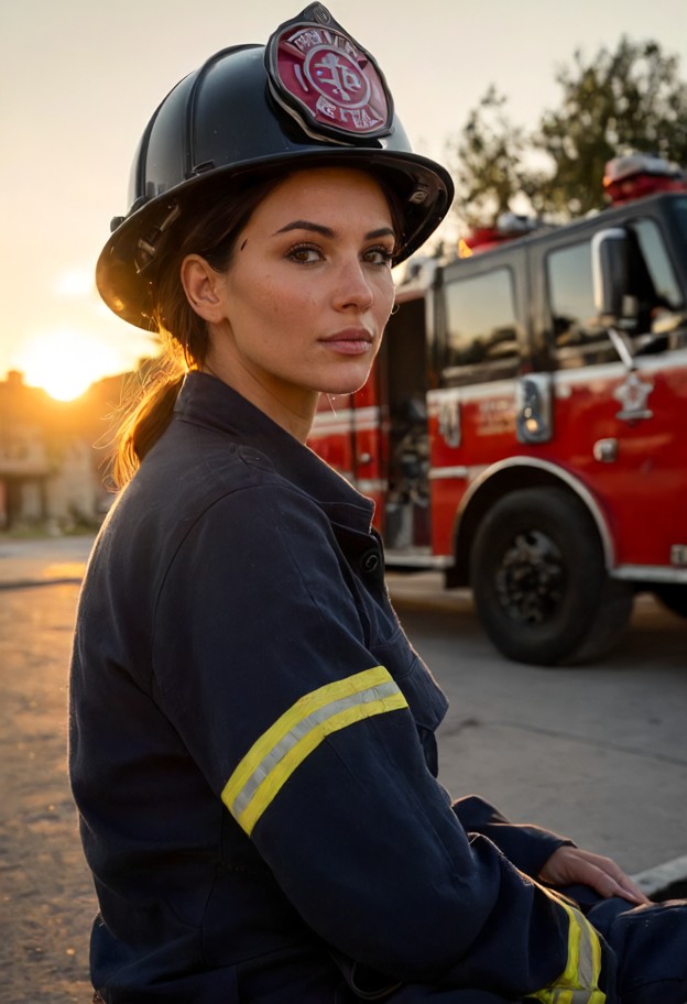 female firefighter sitting outside the fire station after completing her shift,protective helmet resting beside her,u…