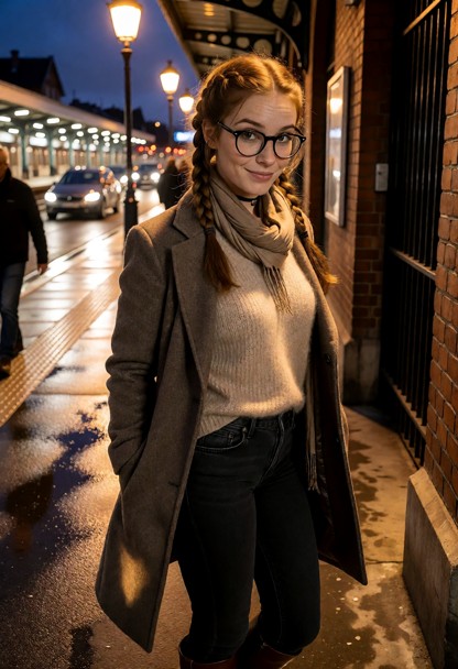 Location: late evening outside a bustling train station with glowing streetlamps and the ambient light of passing car…