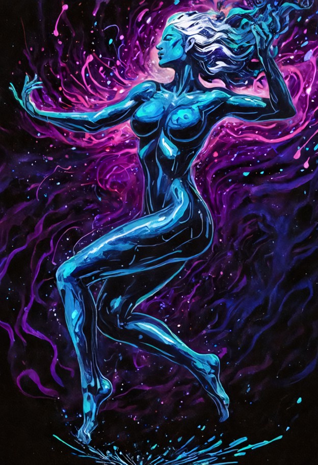 superheroine with liquid metal body、silver hair made of mercury、heroic fight decision pose、a large amount of mercury …
