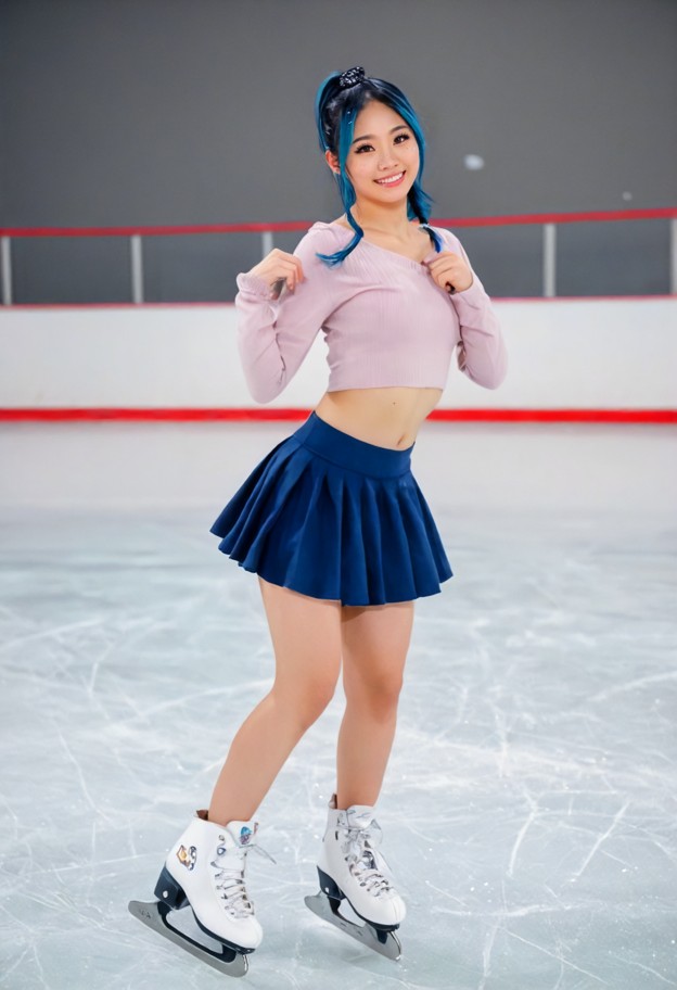 japanese korean pop idol,skirt,ice_skates,ice skating rink,cold color tone,bluish tint,clean shadows,modern style,shy…