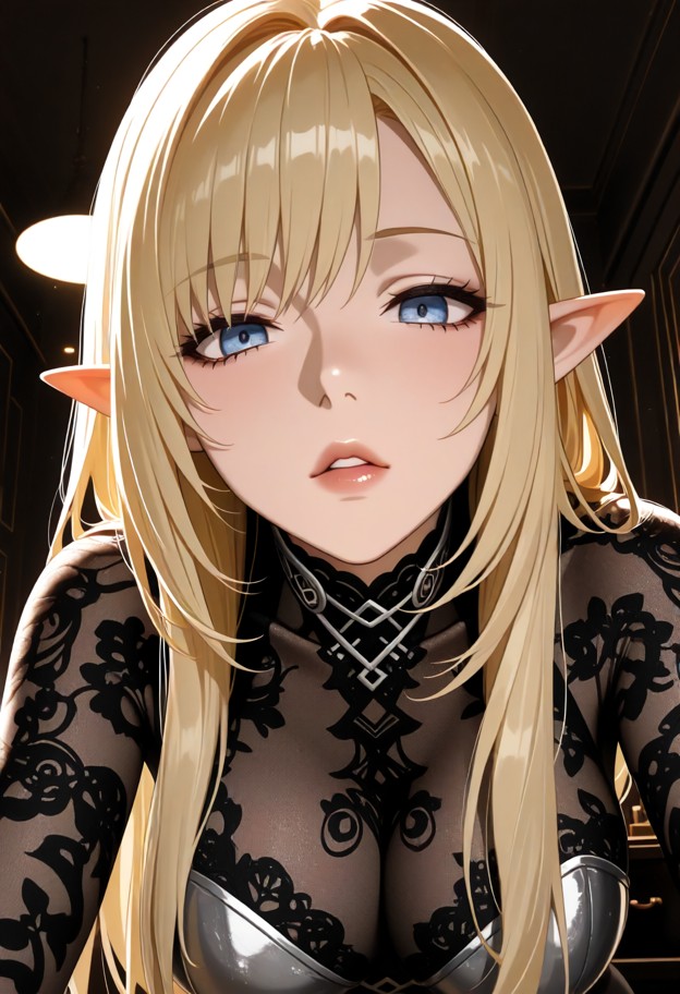 she is,about to kiss pov,(close up,forming lips) facing viewer,dark lace bodysuit,partially opened uniform,silver met…