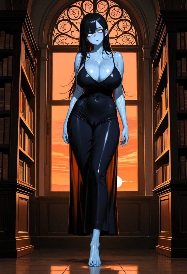 the girl stands by the dark wooden desk looking at you skeptically through the large library window with orange and p…