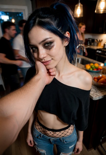 Location: a lively house party kitchen with dim ambient lighting, warm glows from overhead fixtures, and the blurred …