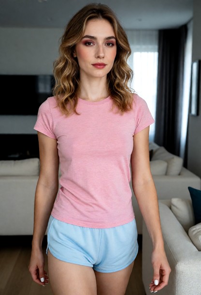 Location: Modern living room. Postion: Amanda walks through modern living room. Clothing: Amanda wears pink t-shirt, …